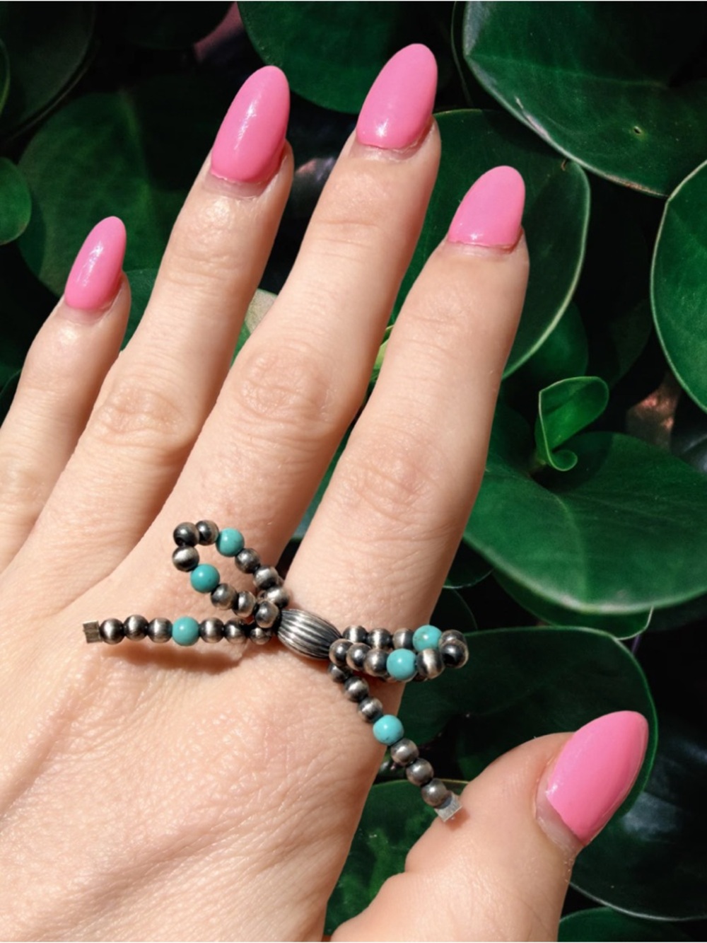 Sterling Silver Desert Pearl Turquoise Beaded Stretchy Bow Ring | Size 6.5–8